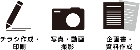 チラシ作成・印刷。写真・動画撮影。企画書・資料作成